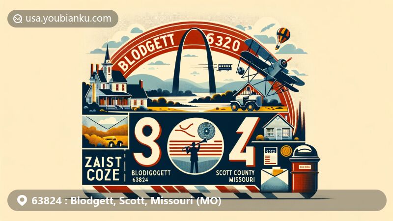 Modern illustration of Blodgett, Scott County, Missouri, showcasing postal theme with ZIP code 63824, featuring iconic Missouri landmarks like the Gateway Arch and a nod to jazz heritage, set in a small village setting with rural landscape.