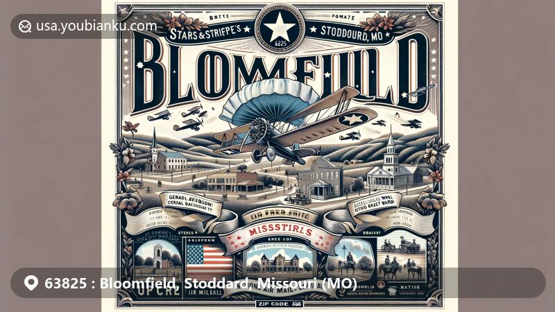 Modern illustration of Bloomfield, Missouri, featuring vintage air mail envelope with ZIP code 63825 and town name, showcasing National Stars and Stripes Museum and Library, Civil War history, Missouri state flag, and historical markers.
