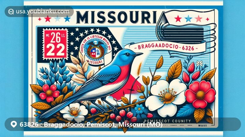 Modern illustration of Braggadocio, Pemiscot County, Missouri, showcasing postcard design with Missouri state flag, Eastern Bluebird, white hawthorn blossom, and ZIP code 63826.
