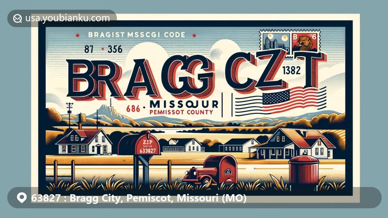 Modern illustration showcasing Bragg City, Missouri, ZIP code 63827, capturing small-town charm and rural landscape of Pemiscot County, incorporating Missouri state flag and vintage postal elements.