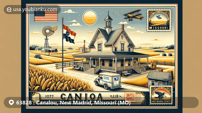 Modern illustration of Canalou area, New Madrid County, Missouri, showcasing rural town ambiance with wheat or cornfields, old-style post office, vintage postal truck, and Missouri state flag.