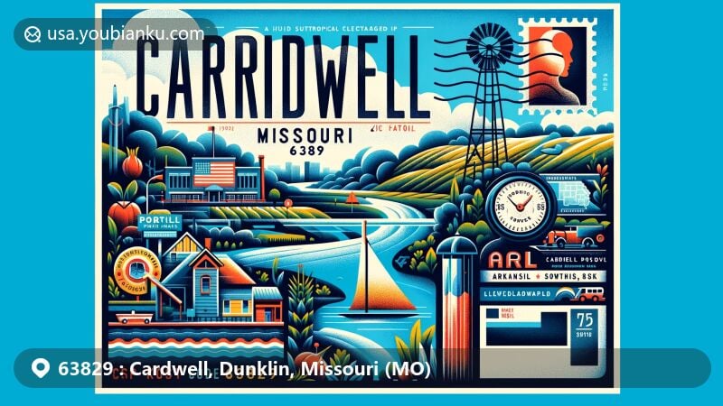 Modern illustration of Cardwell, Missouri, featuring ZIP code 63829, highlighting its geographical location in the Bootheel, close to the Missouri-Arkansas border, with elements symbolizing the humid subtropical climate and rural atmosphere.