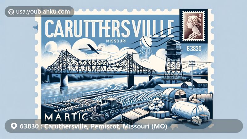 Modern illustration of Caruthersville, Missouri, featuring iconic Caruthersville Bridge over Mississippi River, symbolizing city's river port importance and rich agricultural heritage.