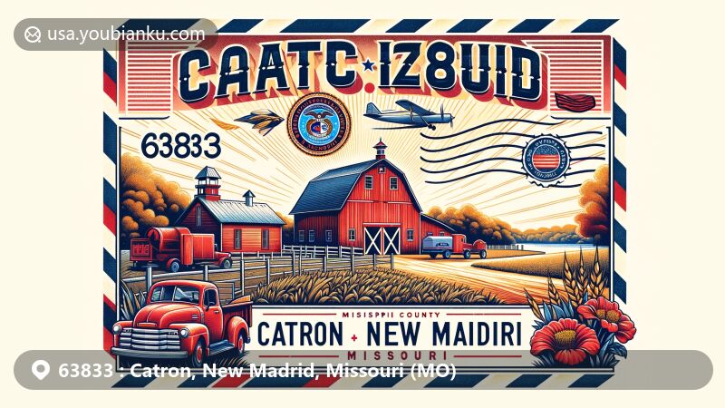 Modern illustration of Catron, New Madrid County, Missouri, featuring ZIP code 63833, incorporating state flag, Mississippi River, red barn, farmland, mailbox, and postal truck in vintage postcard style.