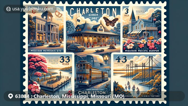 Modern illustration of Charleston, Missouri, home to ZIP code 63834, depicting the confluence of the Mississippi and Ohio Rivers, historic landmarks like the Hearnes Site and Moore House, Dogwood-Azalea Festival, Lewis and Clark Bicentennial Visitors Center, Big Oak Tree State Park, and Dorena-Hickman Toll Ferry.