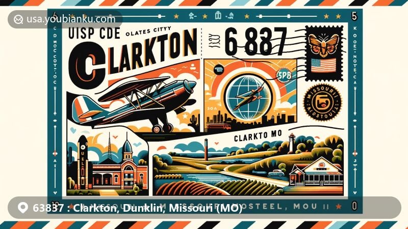 Modern illustration of Clarkton, Missouri, Dunklin County, portraying ZIP code 63837 with air mail envelope design, aviation themes, and stamps, highlighting oldest city in county with Missouri Route 25 and Route 162 intersection.