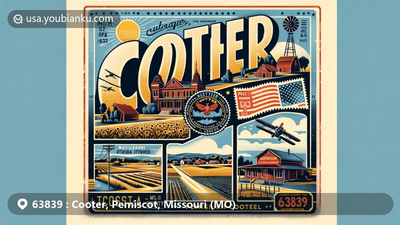 Illustration of Cooter, Missouri, showcasing vintage postcard layout with modern illustration techniques, featuring agricultural landscape in the Bootheel region of Missouri and historic elements like the 1942 built auxiliary airfield, highlighting postal theme with postmark, stamp (featuring ZIP code 63839), and rural environment. The artwork cleverly integrates these elements, displaying the charm of Cooter town and its significance in Pemiscot County, Missouri, aiming to convey a sense of tight-knit community and reflect the town's population and geographical details without overcrowding, using a color palette reflecting the region's natural beauty and tranquility with earth tones and pops of color.
