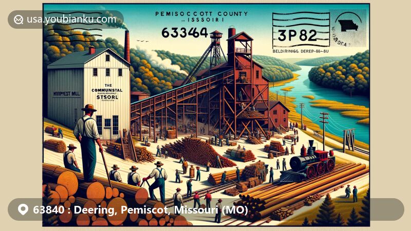 Modern illustration of Deering, Missouri, capturing its historical legacy as a prominent logging town in the early 1900s. Frontal view features a bustling logging yard with workers, timber logs, and vintage logging equipment, vividly depicting the essence of the town's logging era. Background showcases lush forest landscape and expansive Mississippi River, highlighting Deering's natural beauty and geographical significance. Decorative corner displays postal code 63840 and outline of Pemiscot County, Missouri, seamlessly integrating postal elements into the design. Overall illustration adopts modern art style with vibrant colors, intricate details, and creative composition, commemorating the town's history while meeting the requirements of postal-themed design.