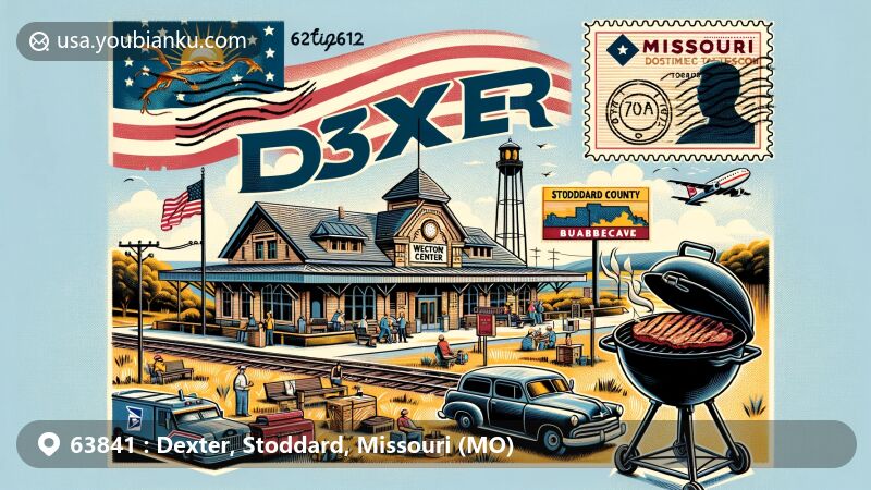 Modern illustration of Dexter, Stoddard County, Missouri, highlighting ZIP code 63841 and local landmarks, featuring Dexter Welcome Center Depot/Museum, Missouri state flag, barbecue grill, and Stoddard County outline.