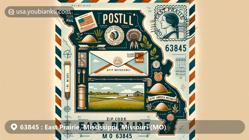 Modern illustration of East Prairie, Missouri, featuring postal theme with ZIP code 63845, showcasing vintage air mail envelope over Missouri map with iconic symbols like Native American burial mounds and East Prairie Historical Museum.