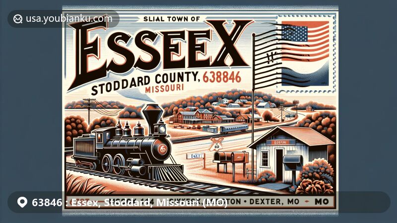 Modern illustration of Essex town, Stoddard County, Missouri, capturing essence of postal theme with ZIP code 63846, featuring vintage railroad elements and Missouri state flag.