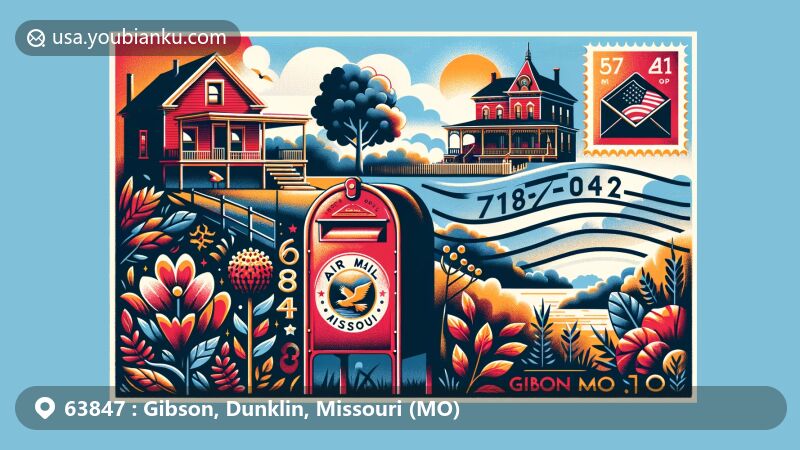 Modern illustration of the Given Owens House in Gibson, Dunklin County, Missouri, inspired by ZIP code 63847, with regional and postal elements like stamps, postmark, and a red mailbox, set against Missouri's flora.