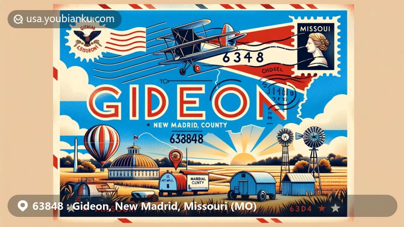Modern illustration of Gideon, New Madrid County, Missouri, featuring air mail envelope with ZIP code 63848, Missouri outline, New Madrid County shape, and local landmarks.