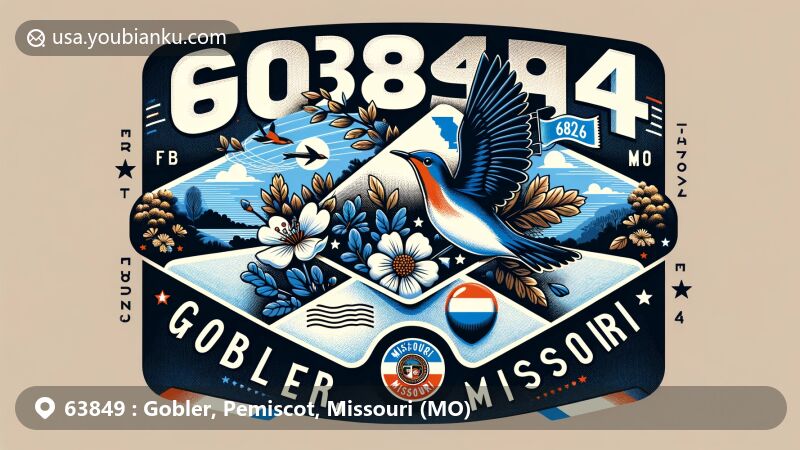 Modern illustration of Gobler, Missouri, highlighting ZIP code 63849 and state symbols, featuring Eastern Bluebird, White Hawthorn Blossom, and Missouri landscapes in an air mail envelope frame.