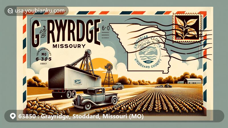Modern illustration of Grayridge, Stoddard County, Missouri, showcasing postal theme with ZIP code 63850, featuring local agricultural symbols and biodiesel production.