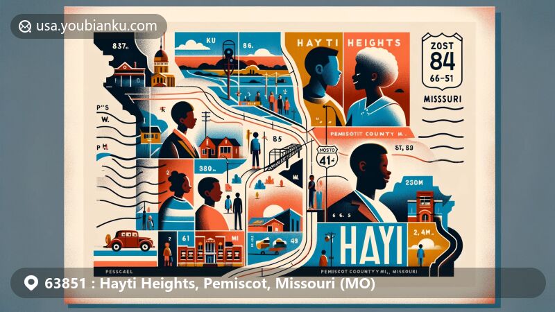 Modern postcard illustration of Hayti Heights and Hayti in Pemiscot County, Missouri, showcasing geographical features, key roads like Missouri Route 84 and U.S. Route 412, diverse community representation, local education system elements, and postal theme with Missouri state flag stamp and Hayti postmark.