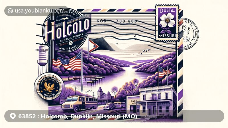 Innovative illustration of Holcomb, Dunklin County, Missouri, integrating regional elements with postal themes, highlighting the Dogwood city tree and the St. Francis River, featuring vintage postal envelope with Missouri state flag stamp and Holcomb postmark.