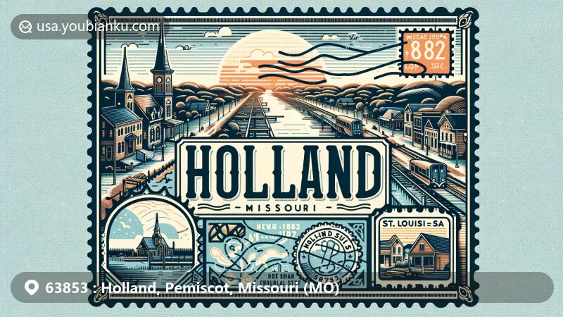 Modern illustration of Holland, Pemiscot County, Missouri, featuring town scenery, vintage postcard elements, stamps, postmark, and ZIP code 63853, emphasizing historical development and railway connection.