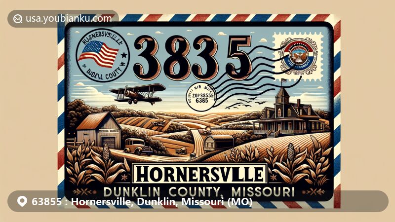 Vintage-style air mail envelope design for Hornersville, Dunklin County, Missouri, depicting Midwestern agricultural landscapes, Given Owens House, Missouri state flag, and postal elements with ZIP code 63855, Dunklin County Library, and 'Hornersville, MO' postmark.
