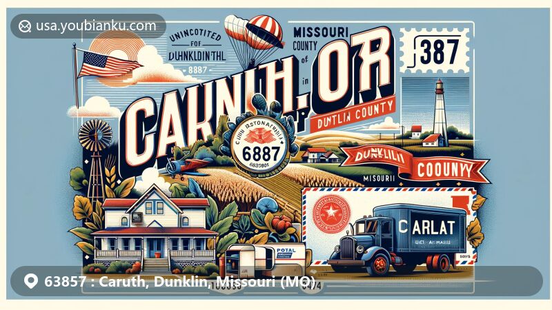Modern illustration of Caruth, Dunklin County, Missouri, featuring ZIP code 63857, historical roots since 1881, agricultural significance, Missouri Bootheel area, vintage postal elements like air mail envelope, Missouri and Dunklin County symbols, postal stamp, truck, and mailbox.