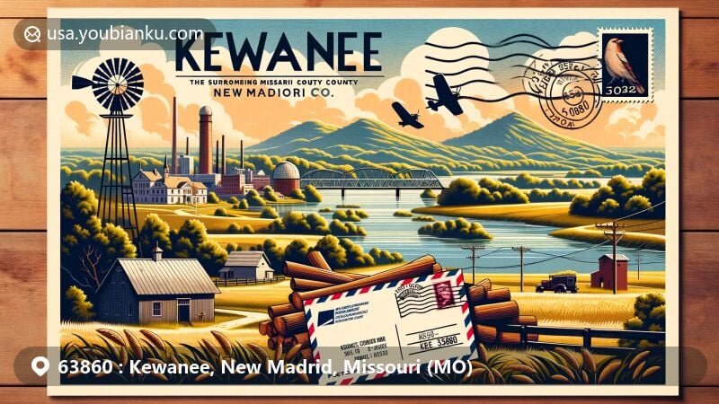 Modern illustration of Kewanee, New Madrid County, Missouri, featuring postal theme with ZIP code 63860, incorporating elements of lumber town history against tranquil Missouri landscape.