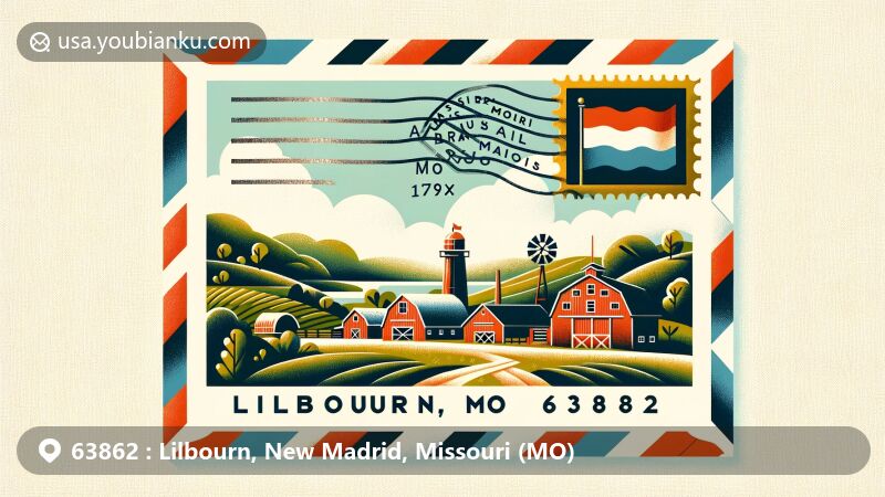 Modern illustration of Lilbourn, New Madrid County, Missouri, depicting air mail envelope with ZIP code 63862, Missouri state flag, and rural landscape.