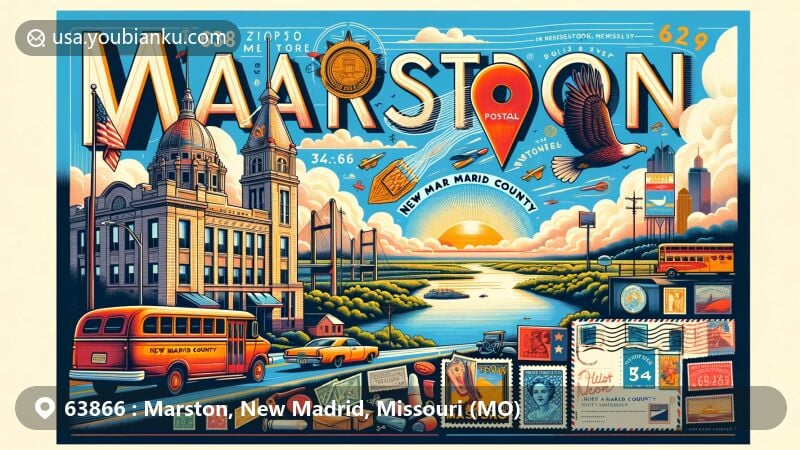 Modern illustration of Marston area in New Madrid County, Missouri, combining Mississippi River beauty with postal elements like postcard and ZIP code 63866.