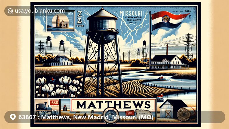 Modern illustration of Matthews, New Madrid County, Missouri, depicting postal theme with ZIP code 63867, featuring iconic water tower, cotton plantations, Mississippi River, and New Madrid seismic zone.