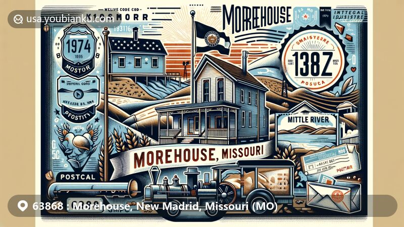 Modern illustration of Morehouse, Missouri, showing ZIP code 63868, blending historical and geographical elements like its lumber camp origins, former name 'Little River', and location along Missouri Route 114 and U.S. Route 60.