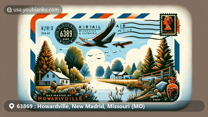 Modern illustration of Howardville, Missouri, showcasing rural charm, abundant trees, and wildlife, featuring an airmail envelope with prominent ZIP code 63869 and postal elements like stamps and postmarks creatively representing natural beauty or historical significance of Howardville, founded by renowned black educator and activist Travis B. Howard. Background includes typical tranquil Howardville landscape with trees and wildlife, embodying atmosphere of peace and close-knit community. Art style is modern with vivid colors and imaginative details highlighting unique postal heritage of Howardville.