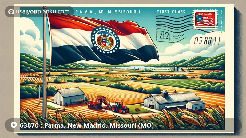Modern illustration of Parma, Missouri, highlighting farming essence and Missouri state flag on a postcard backdrop with agricultural landscape and rural symbols.