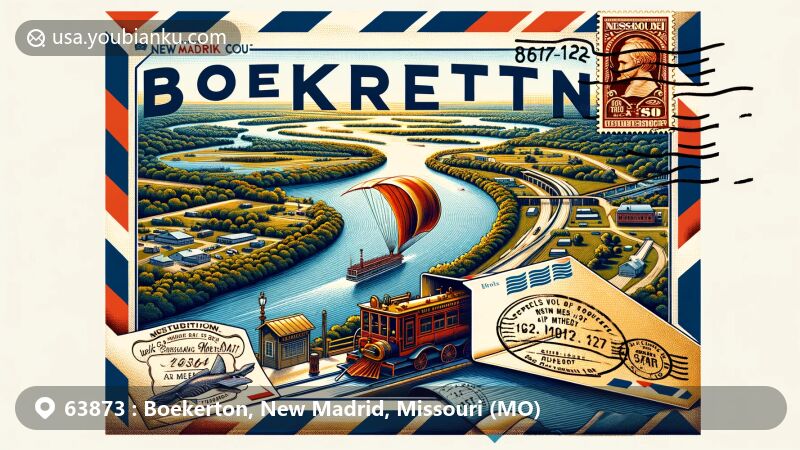 Modern illustration of Boekerton, New Madrid County, Missouri, showcasing geographical features and postal themes with the iconic Mississippi River, symbolizing local history and the 1811–12 earthquakes.