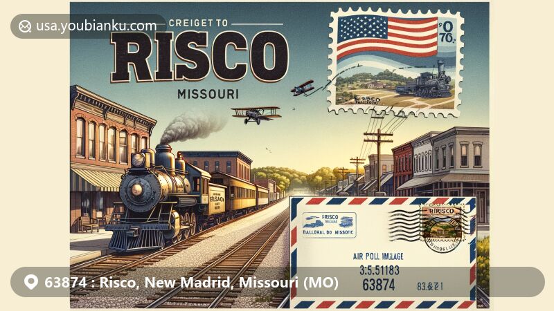 Modern illustration of Risco, Missouri, featuring postal theme with ZIP code 63874, showcasing vintage air mail envelope with Missouri flag and Frisco Railroad references.