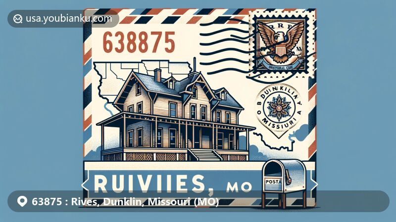 Modern illustration of Rives, Dunklin County, Missouri, featuring airmail envelope with ZIP code 63875 and stamp of Given Owens House, against backdrop of Rives map and Missouri emblem.