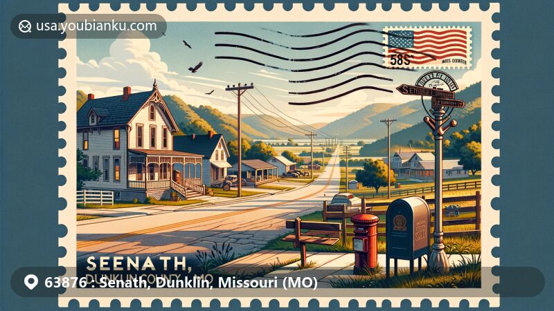 Modern illustration of Senath, Dunklin County, Missouri, featuring vintage postcard layout with American small town elements, including a postmark 'Senath, MO 63876' and a classic mailbox, showcasing the charm and rural beauty of Missouri countryside.