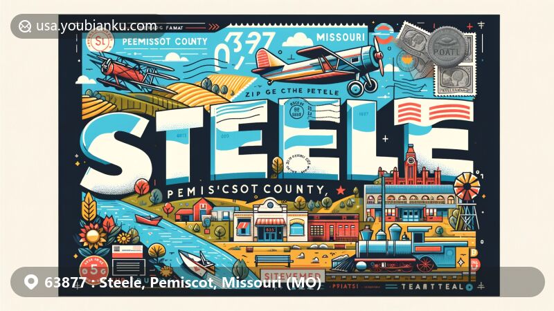 Modern illustration of Steele, Pemiscot County, Missouri, inspired by ZIP code 63877, blending geographic features with postal motifs like airmail envelope and stamps, reflecting community spirit and local history.