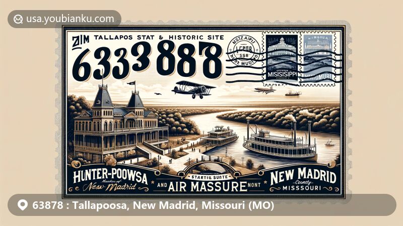 Modern illustration of ZIP code 63878, highlighting Tallapoosa and New Madrid in Missouri, featuring Hunter-Dawson State Historic Site, Mississippi River Observation Deck, steamboat, vintage air mail envelope, and classic biplane with 'Greetings from 63878', designed with historical and geographical significance.