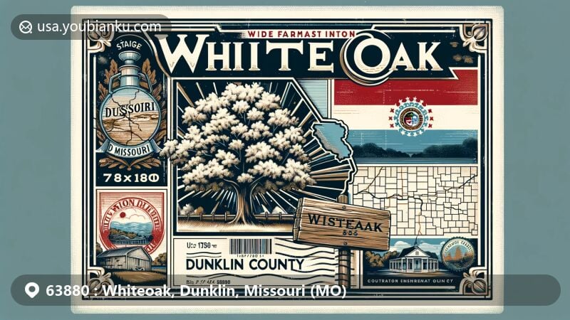 Modern illustration of Whiteoak area in Dunklin County, Missouri, featuring vintage postcard style with detailed map outline, Whiteoak oak forest symbolizing its name, Missouri state flag, and postal elements like stamps, postmarks, and ZIP Code 63880. A celebration of the unique cultural and geographical features of Whiteoak and surrounding counties in a visually appealing and informative design.