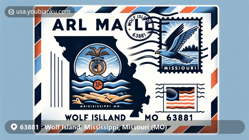 Modern illustration of Wolf Island, Mississippi County, Missouri, featuring airmail envelope with Missouri state flag and outline, Mississippi River background, and Wolf Island region symbolism.