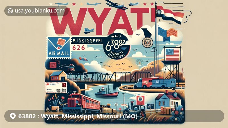 Creative wide-format illustration of Wyatt, Mississippi County, Missouri, displaying postal theme for ZIP code 63882, featuring vintage air mail envelope, Mississippi River elements, railroad influence, and Missouri state flag.