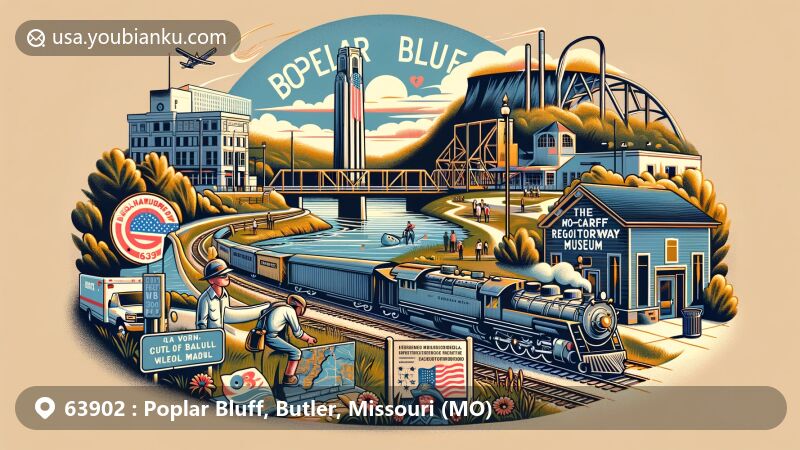 Modern illustration of Poplar Bluff, Butler County, Missouri, showcasing historical, natural, and economic elements, featuring Mo-Ark Regional Railroad Museum, Veterans Memorial Wall, Black River, Black River Coliseum, Rogers Theatre, and skateboard park.