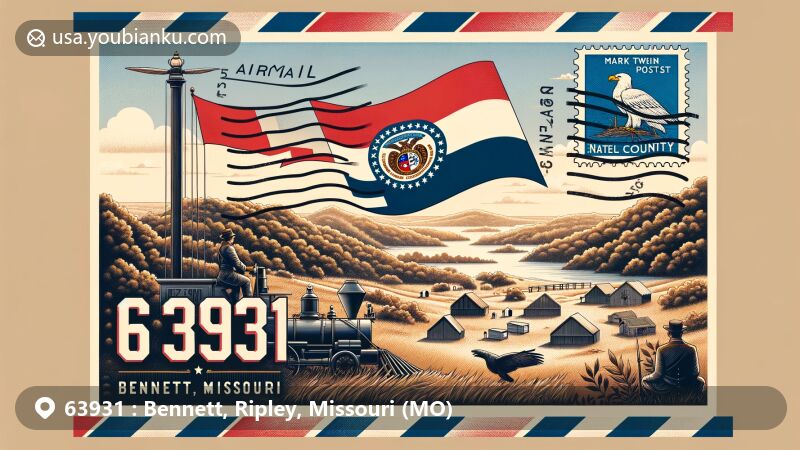 Modern illustration of Bennett, Ripley County, Missouri, featuring airmail envelope with ZIP code 63931, incorporating Missouri flag, Ripley County outline, and Mark Twain National Forest scenery.