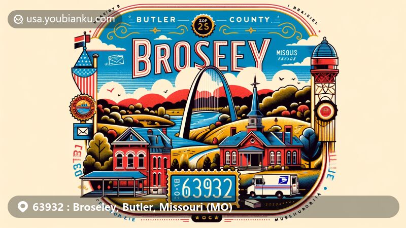 Modern illustration of Broseley, Butler County, Missouri, highlighting postal theme with ZIP code 63932, featuring Gateway Arch in St. Louis and local postal symbols.