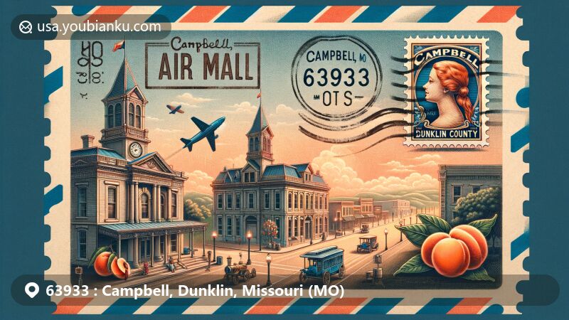 Modern illustration of Campbell, Dunklin County, Missouri, with ZIP code 63933, featuring air mail envelope design showcasing iconic landmarks, Colonial Revival architecture of Campbell Commercial Historic District, and peach trees symbolizing Peach Capital of Missouri.