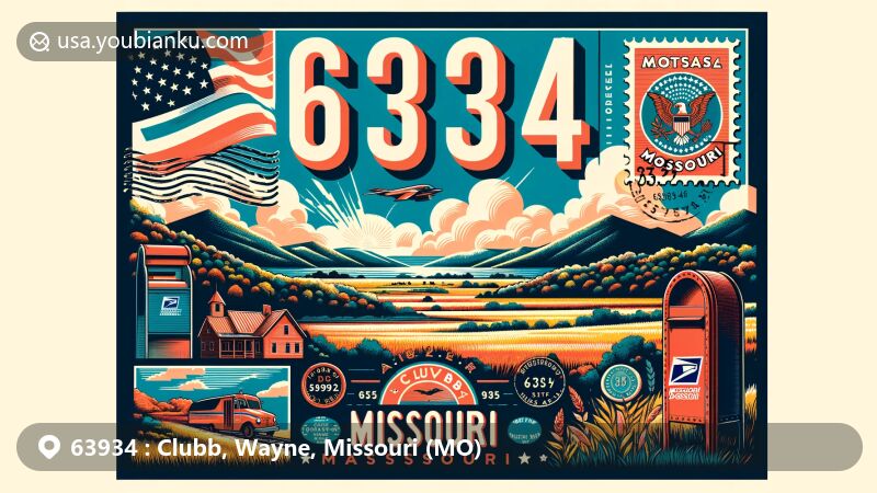 Modern illustration of Clubb, Missouri, featuring ZIP code 63934 with vintage postal elements and Missouri state flag, set against a backdrop of southeastern Missouri's natural scenery.