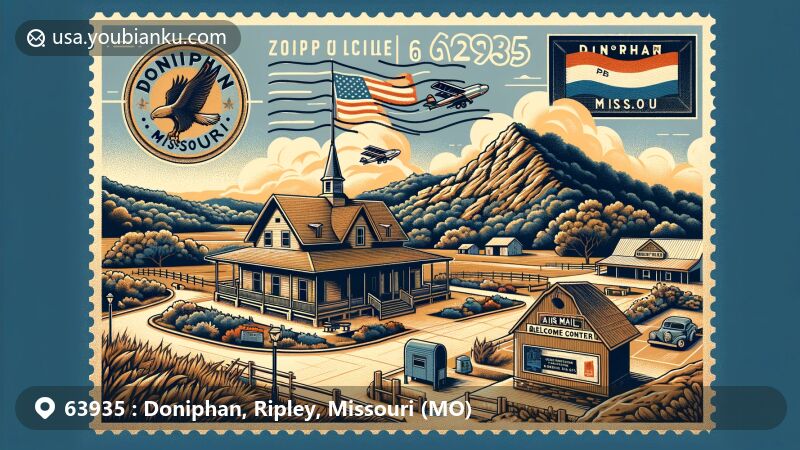 Modern illustration of Doniphan, Ripley County, Missouri, highlighting ZIP code 63935, featuring rugged hills, Heritage Museum, and vintage postal theme.