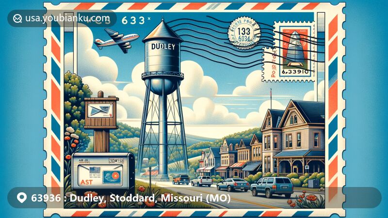Modern illustration of Dudley, Stoddard County, Missouri, featuring iconic water tower and small-town American landscape, with postal elements like postcard and ZIP code 63936.