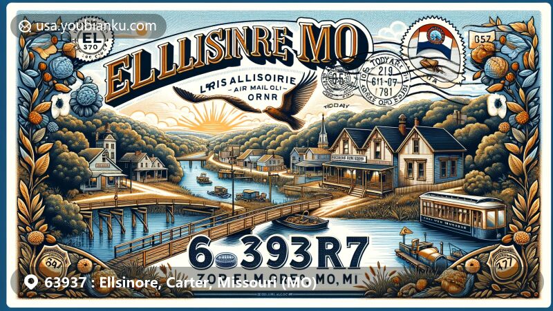 Modern illustration of Ellsinore, Carter County, Missouri, featuring vintage air mail envelope with ZIP code 63937, showcasing small-town charm and natural beauty within Mark Twain National Forest.
