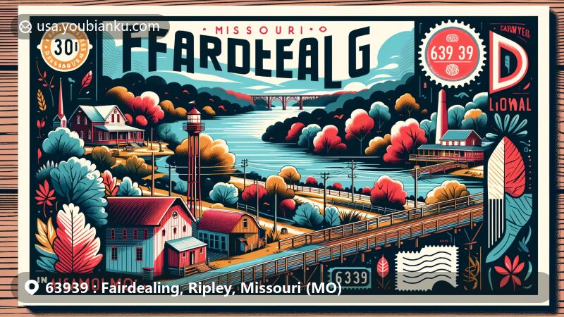 Modern illustration of Fairdealing, Ripley County, Missouri, showcasing postal theme with ZIP code 63939, featuring natural beauty and rural character, including trees, rivers, local wildlife, and symbolic representation of the Missouri River.