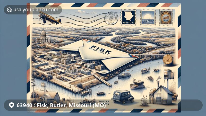 Modern illustration of Fisk, Butler County, Missouri, with postal theme around ZIP code 63940, featuring vintage airmail envelope, Missouri outline, local landmark, and postal elements.